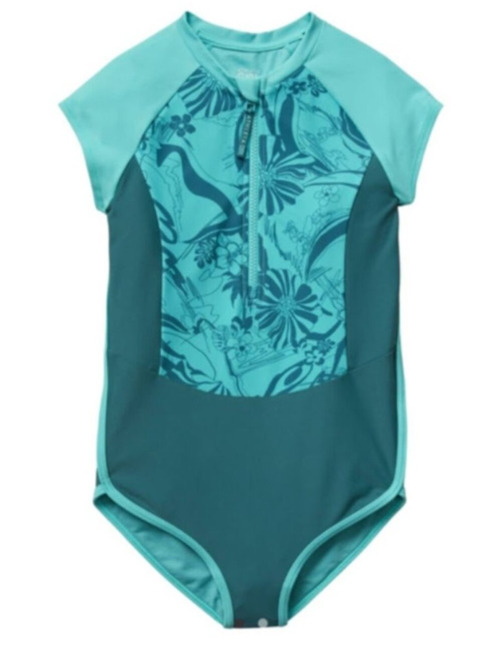 Athleta Girl Short Sleeve One Piece Half Zip Floral Swimsuit Beach Large 12